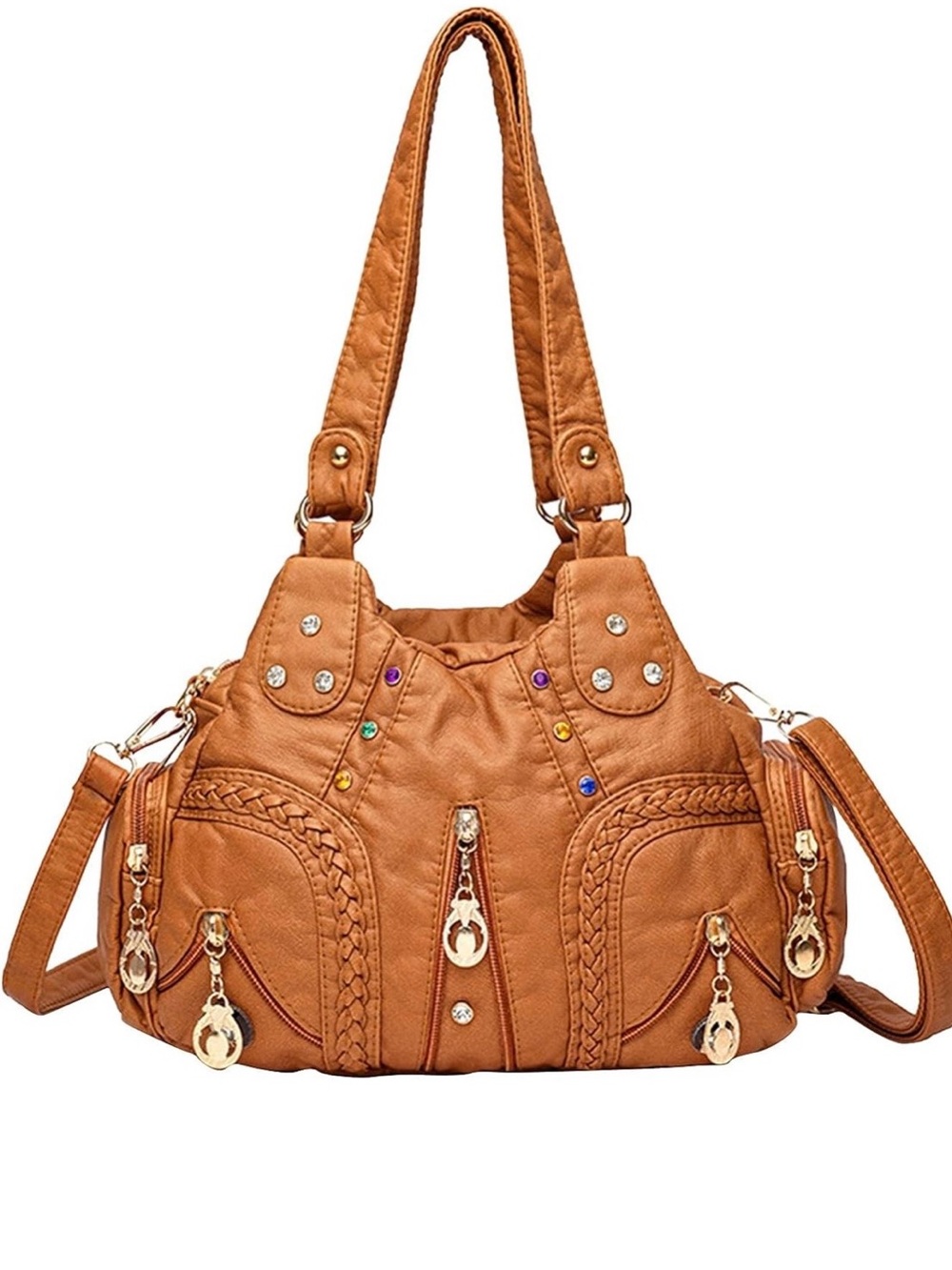 Tan Braided Detail Shoulder Bag with Gem Accents